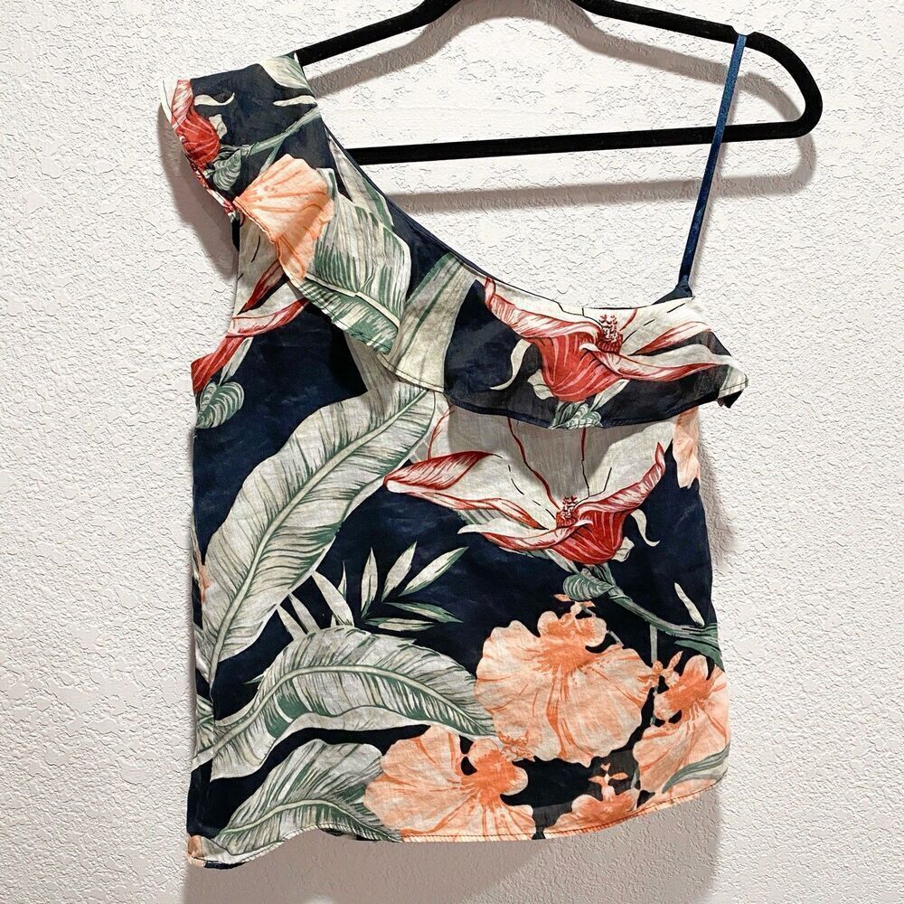 Ann Taylor One Shoulder Asymmetrical Ruffle Blouse Women’s Small Tropical Top